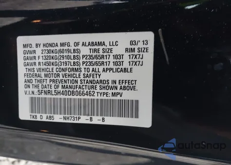 2013 Honda Odyssey Ex from USA, damaged, VIN 5FNRL5H40DB066462